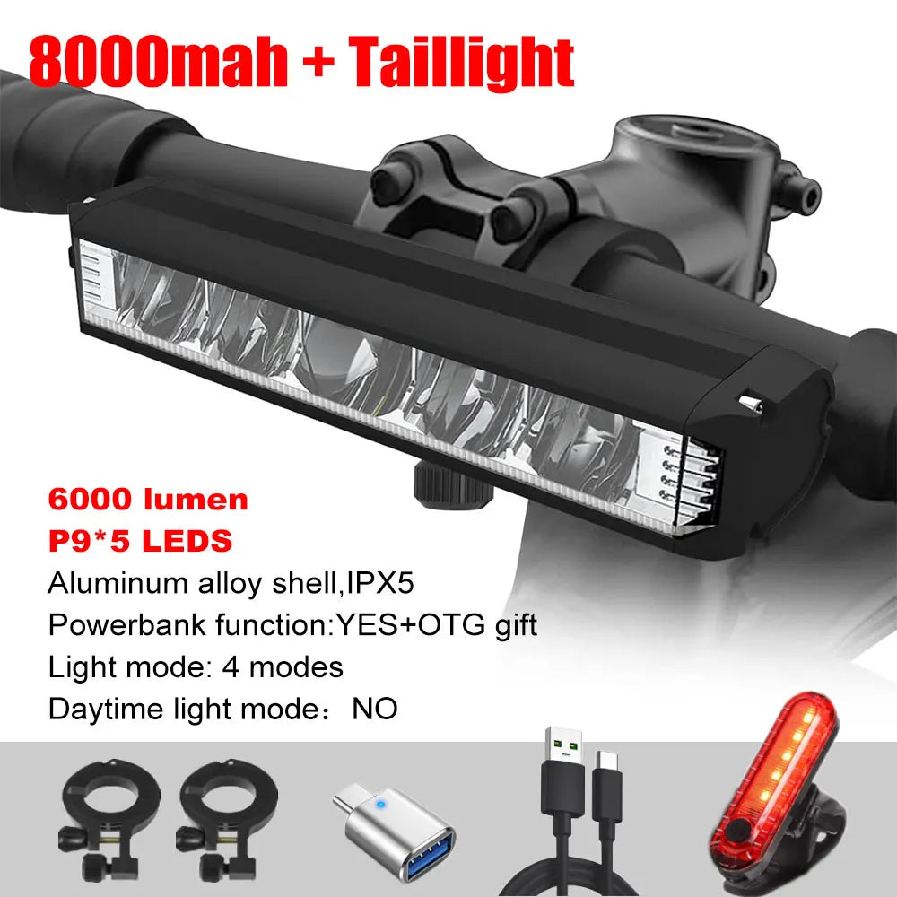 6000LM Bike Front Light Bicycle Lamp 8000Mah Aluminum
