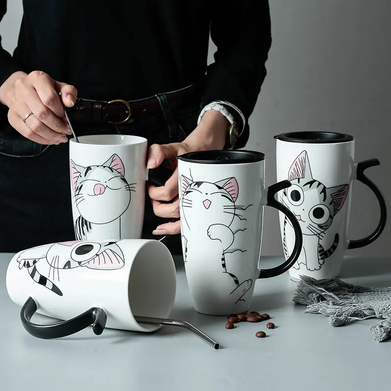 600ml Cute Cat Ceramics Coffee Mug with Lid