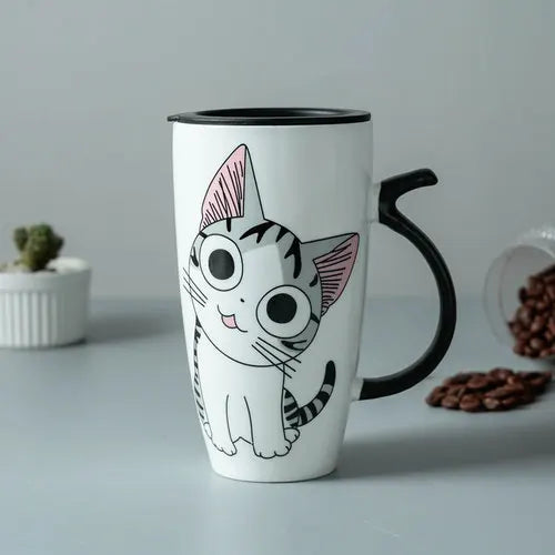 600ml Cute Cat Ceramics Coffee Mug with Lid