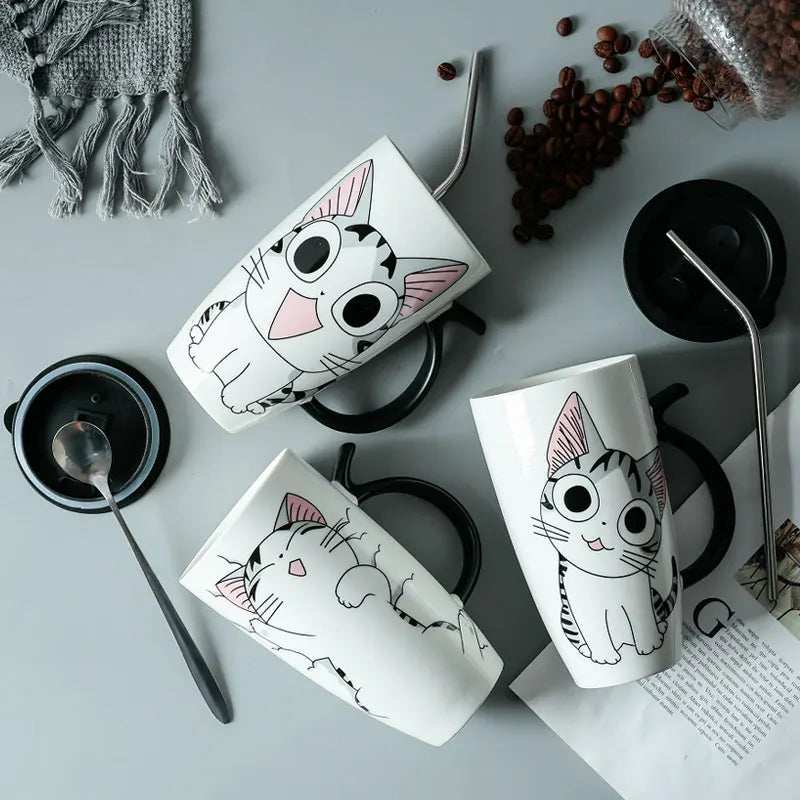 600ml Cute Cat Ceramics Coffee Mug with Lid