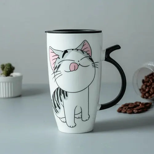 600ml Cute Cat Ceramics Coffee Mug with Lid