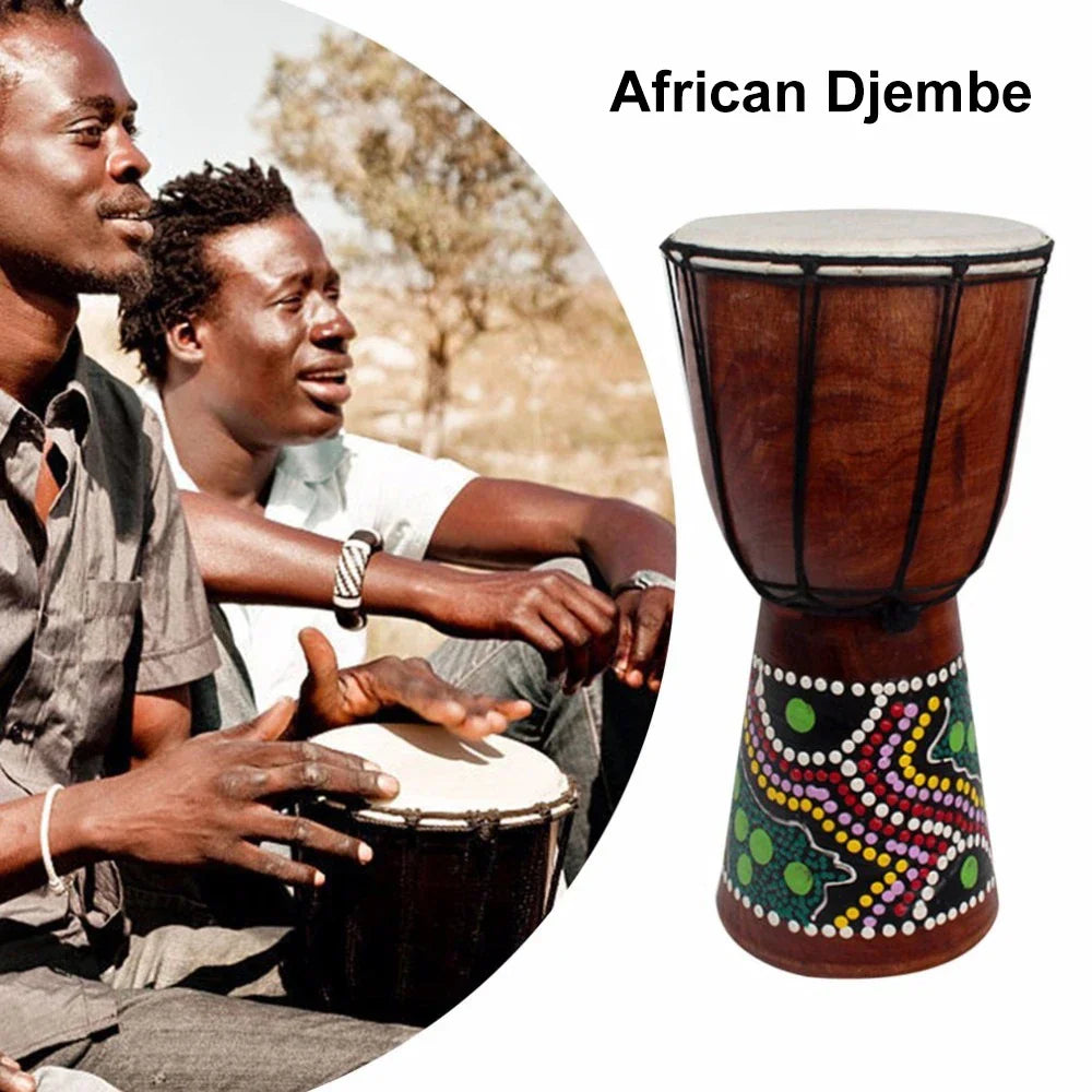 6in African Djembe Drum Hand-Carved Solid-Wood Goat-Skin Traditional