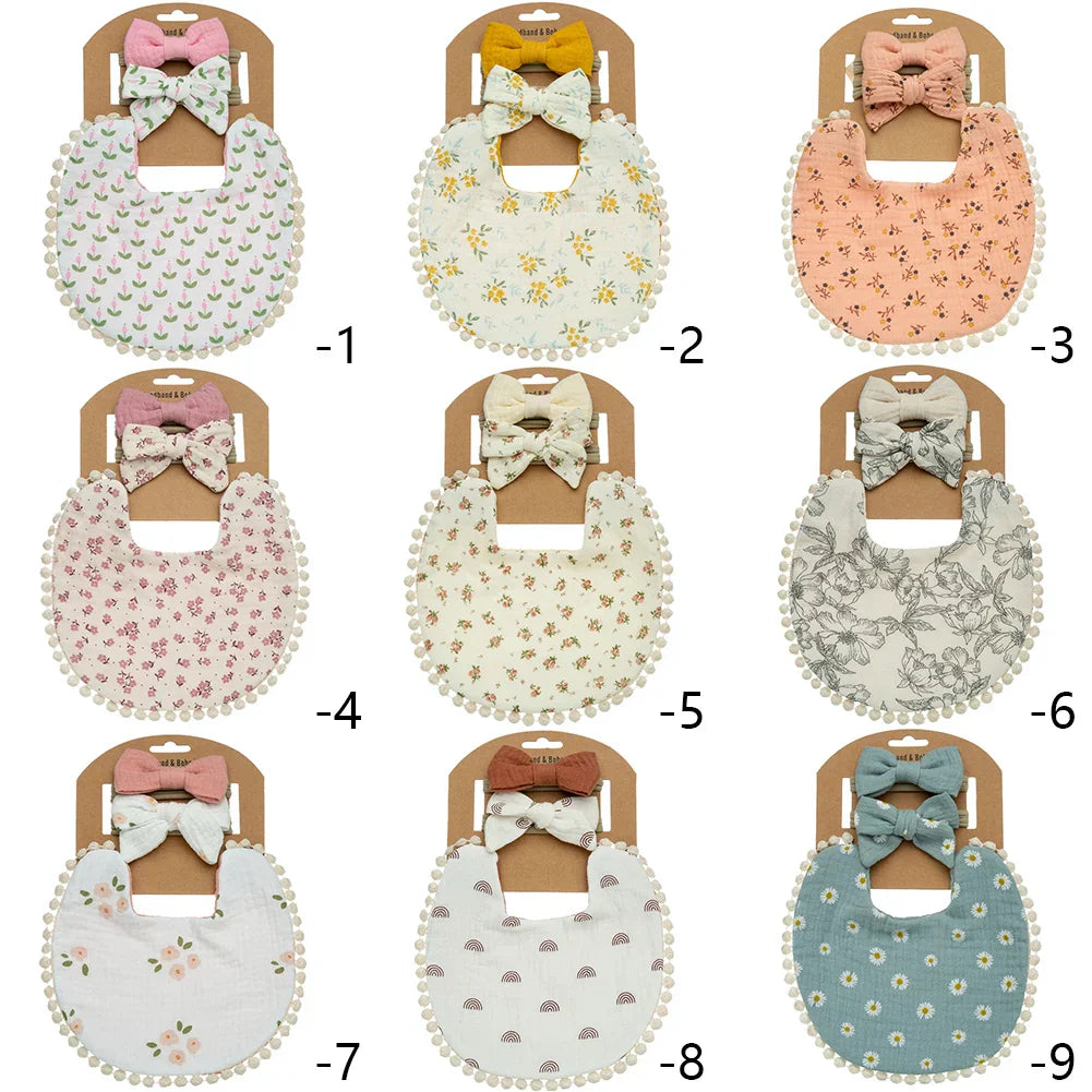 9Sets/Lot Baby Flower Bibs & Headbands Bow Nylon