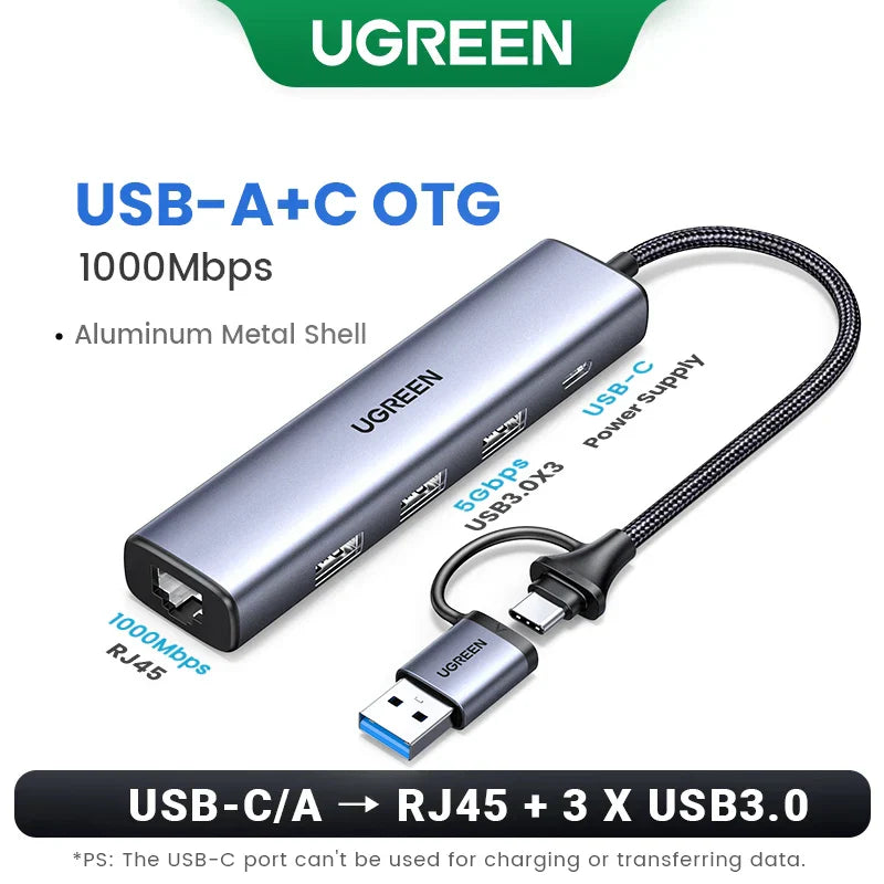 UGREEN USB Ethernet Adapter 1000/100Mbps USB3.0 HUB RJ45