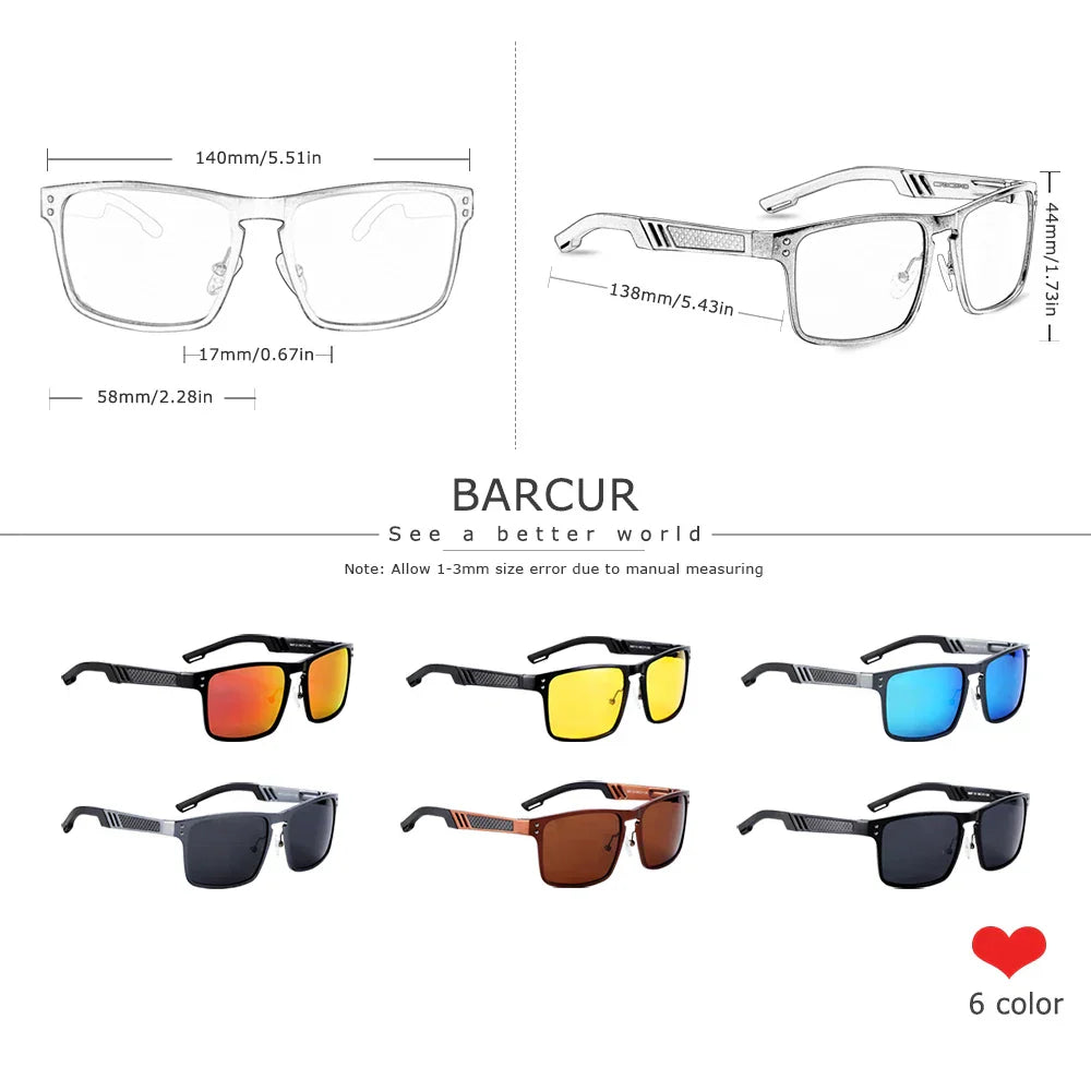 BARCUR Aluminium Magnesium Square Sunglasses Men Polarized Vintage
