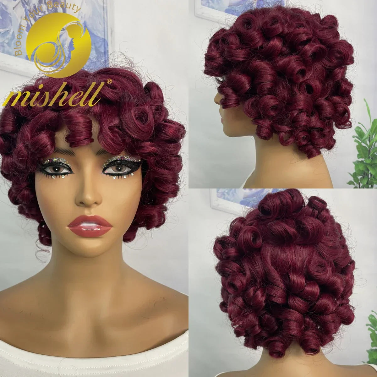 200% 99J Burgundy Bouncy Curly Human Hair Wigs