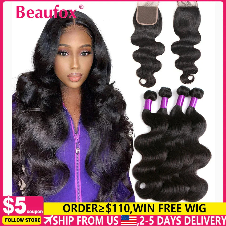 Beaufox Body Wave Bundles With Closure Brazilian Hair