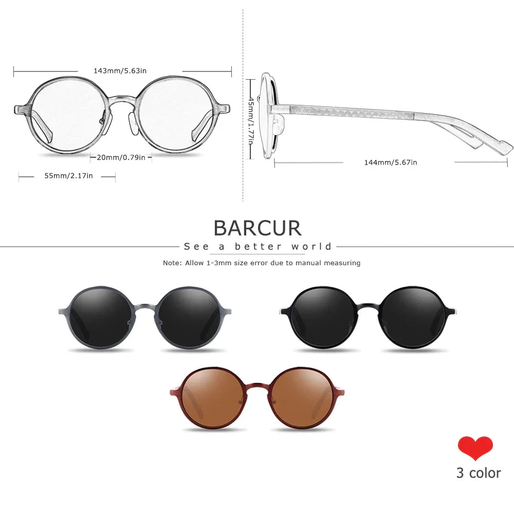 BARCUR Brand Light Weight Round Sunglasses Luxury Brand