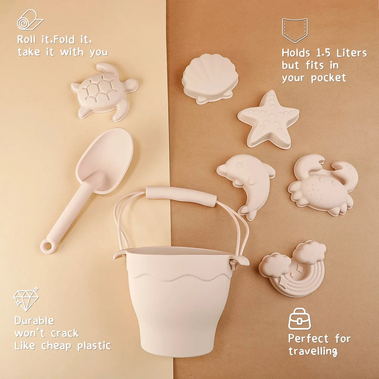 8pcs Beach Toys BPA-Free Silicone with Bucket & Sand