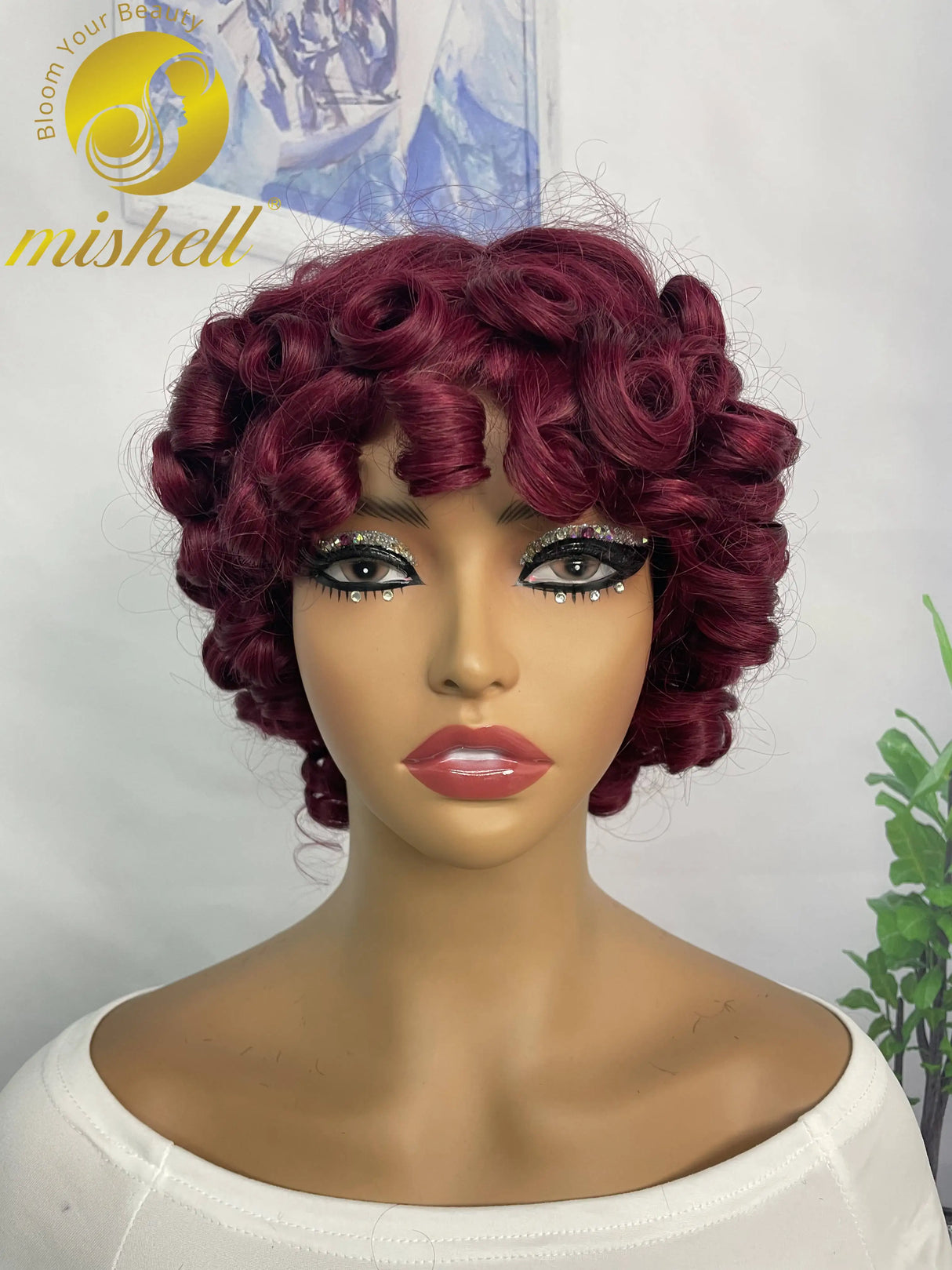 200% 99J Burgundy Bouncy Curly Human Hair Wigs