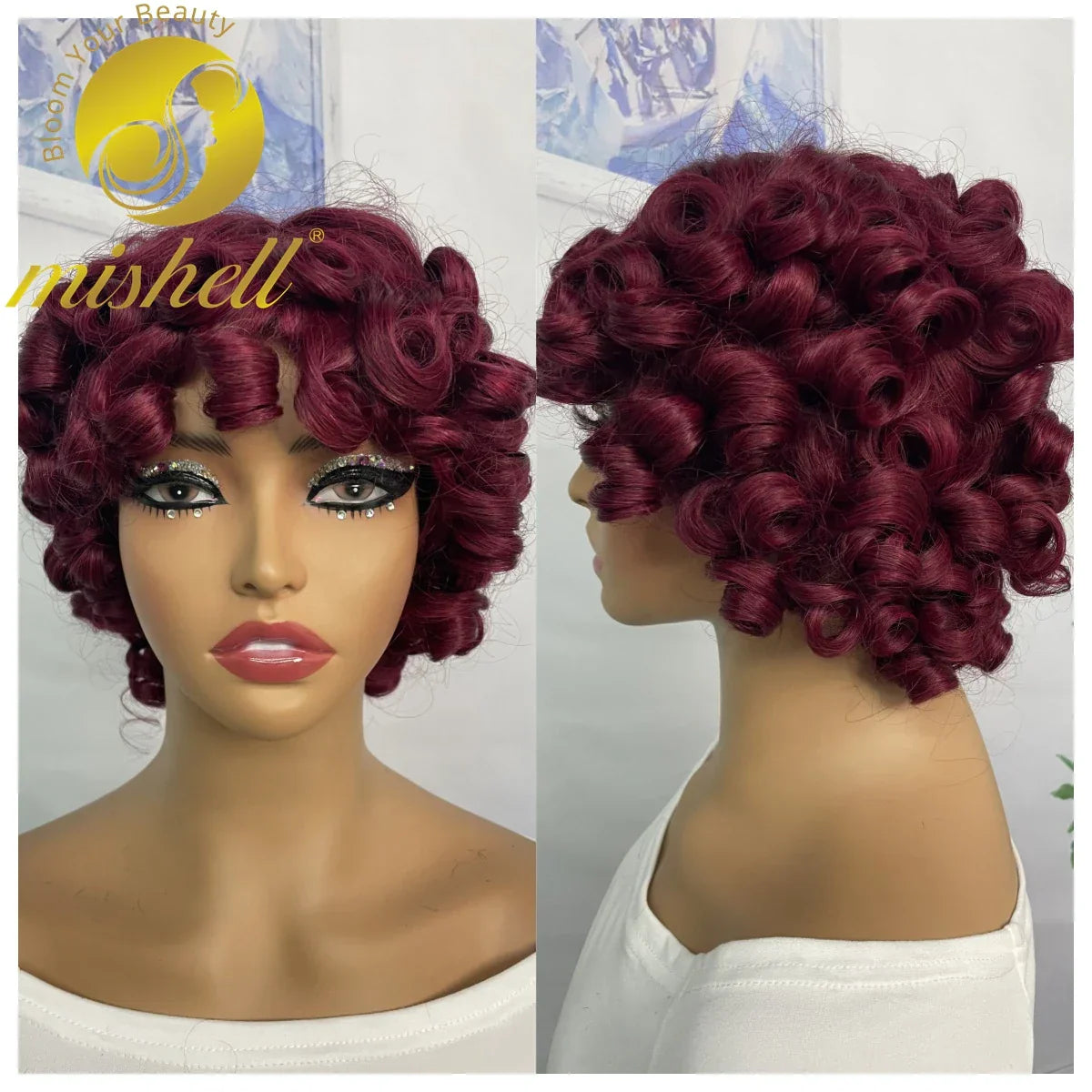 200% 99J Burgundy Bouncy Curly Human Hair Wigs