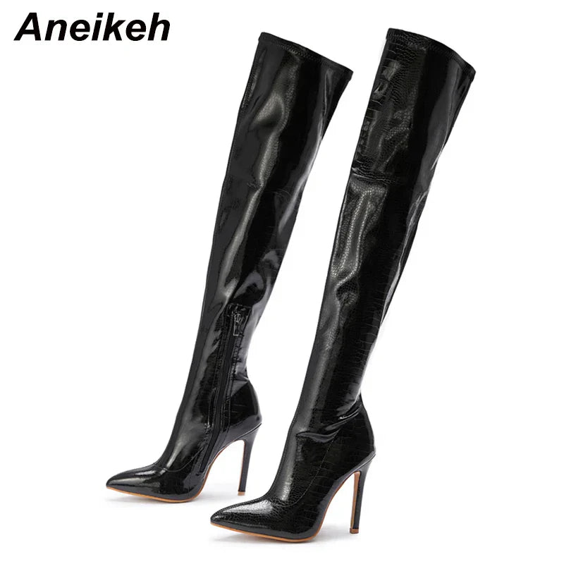 Aneikeh White Sexy OvertheKnee Side Zipper SlipOn Pointed