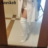 Aneikeh White Sexy OvertheKnee Side Zipper SlipOn Pointed