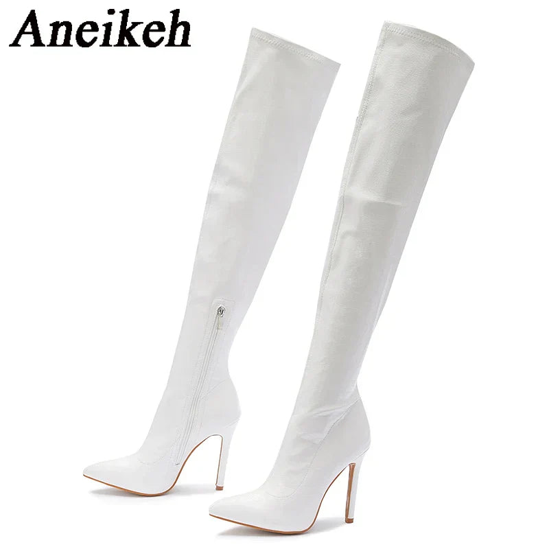 Aneikeh White Sexy OvertheKnee Side Zipper SlipOn Pointed