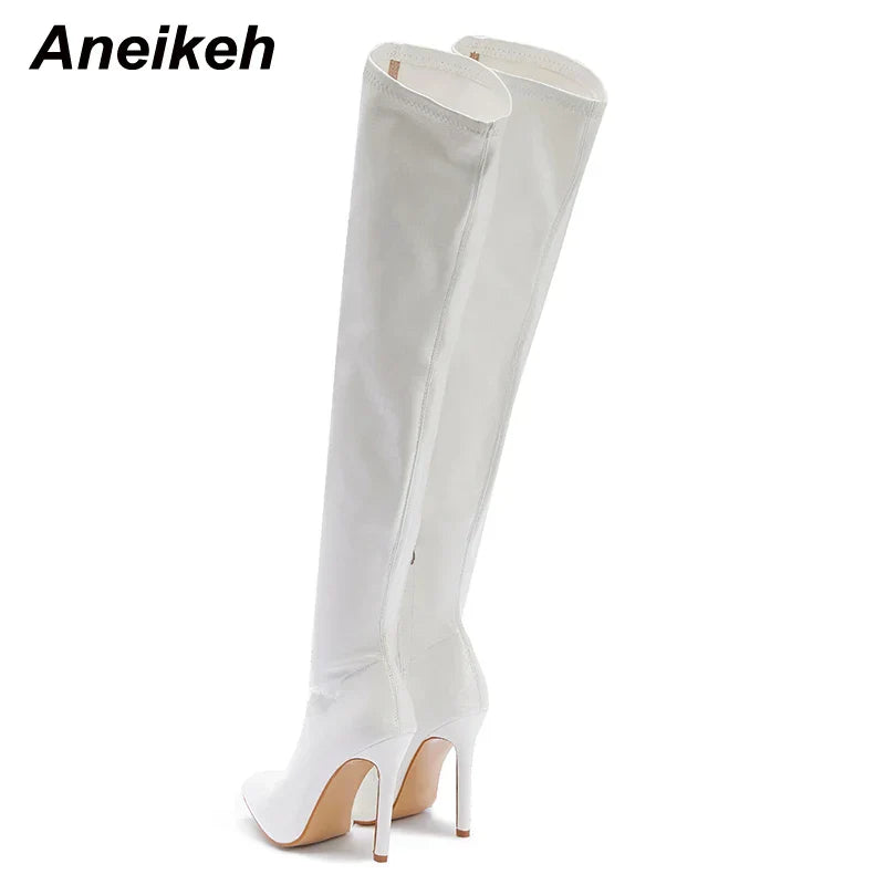 Aneikeh White Sexy OvertheKnee Side Zipper SlipOn Pointed