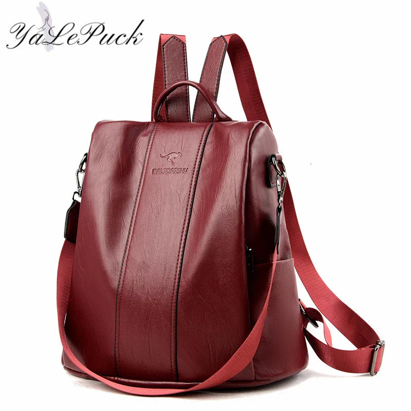 Antitheft leather backpack women vintage shoulder bag ladies