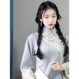 Apricot Cheongsam Qipao Embroidered Long Sleeve 2023 AutumnWinter