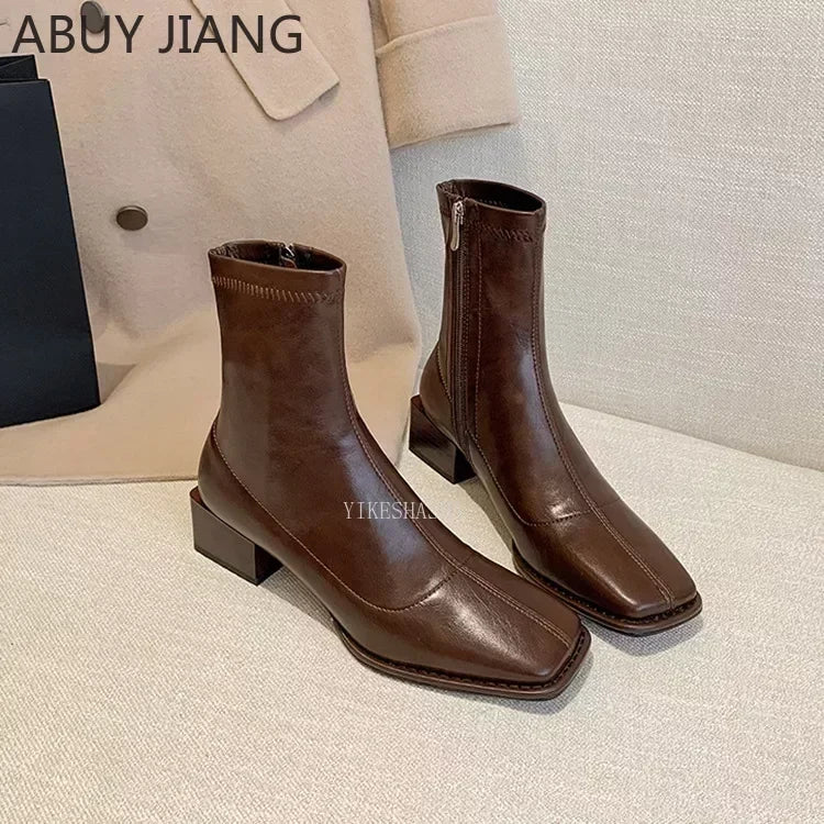 Autumn Winter Square Toe British Midheel Ankle Boots