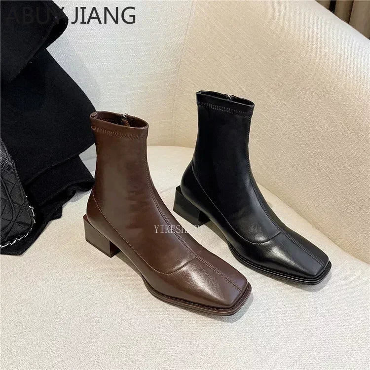 Autumn Winter Square Toe British Midheel Ankle Boots