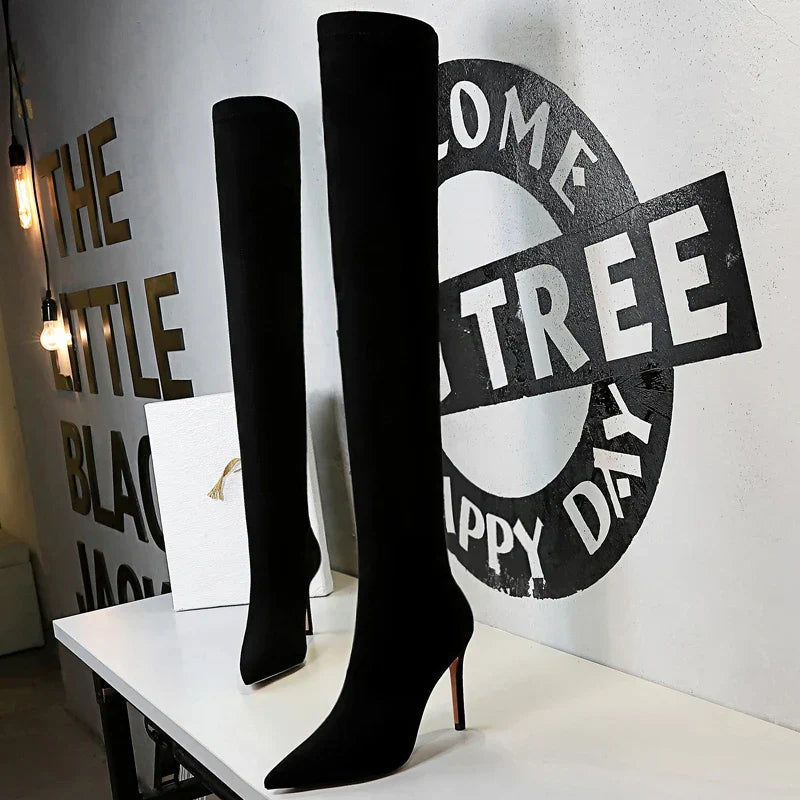 BIGTREE Shoes Suede Sexy OvertheKnee Boots Black Plush