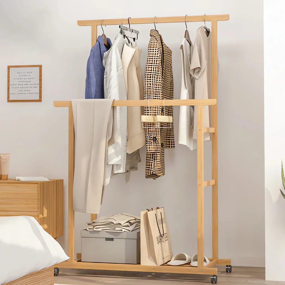Bamboo Clothes Rail Rack Double Hanging Rails Clothes
