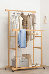 Bamboo Clothes Rail Rack Double Hanging Rails Clothes
