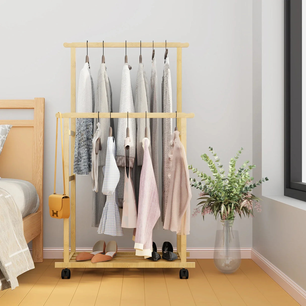 Bamboo Clothes Rail Rack Double Hanging Rails Clothes