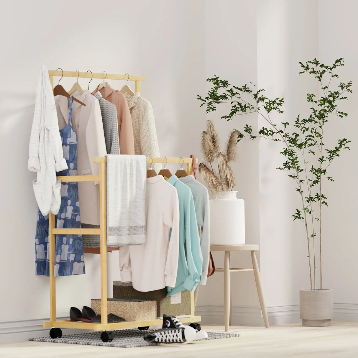 Bamboo Clothes Rail Rack Double Hanging Rails Clothes