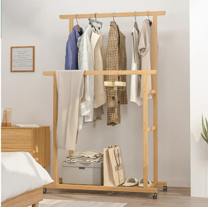 Bamboo Clothes Rail Rack Double Hanging Rails Clothes
