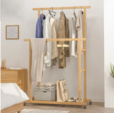 Bamboo Clothes Rail Rack Double Hanging Rails Clothes