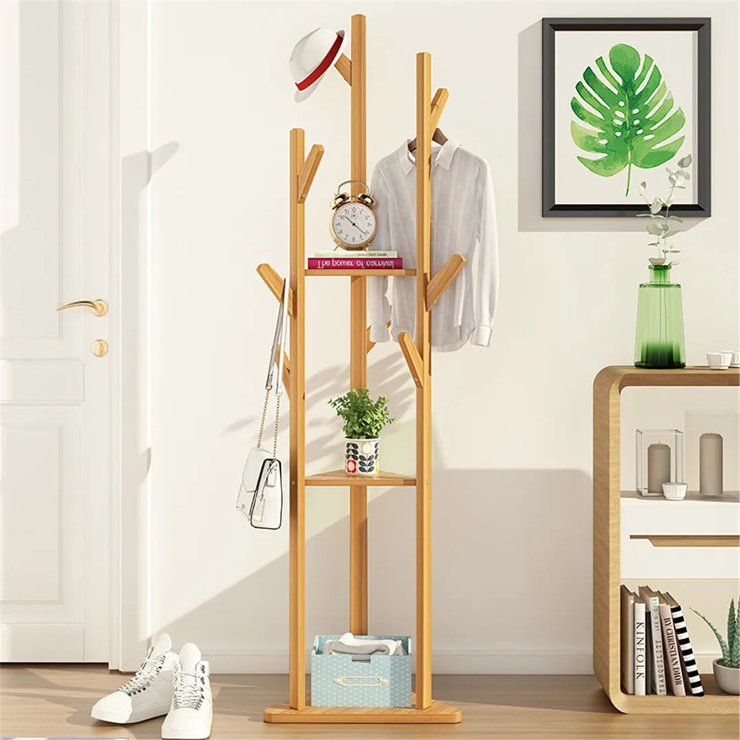 Bamboo Coat Rack Tree Cloth Hanger 9 Hooks