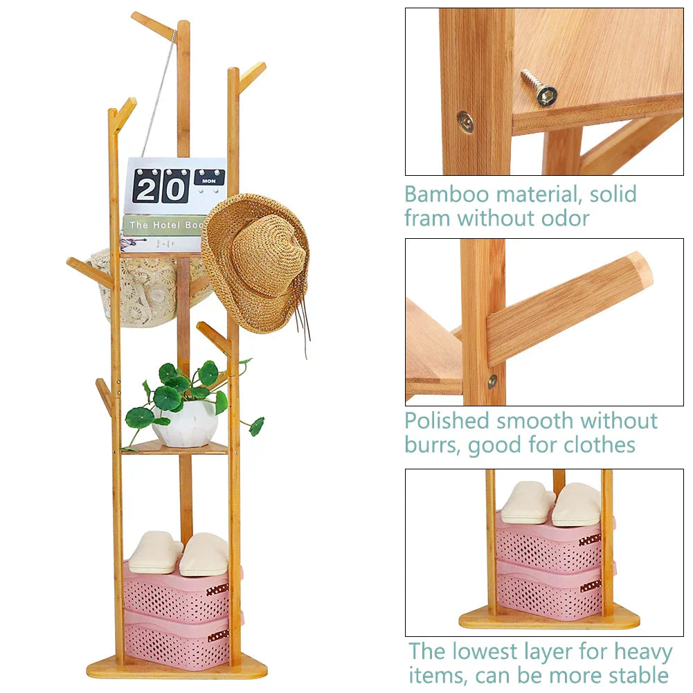 Bamboo Coat Rack Tree Cloth Hanger 9 Hooks