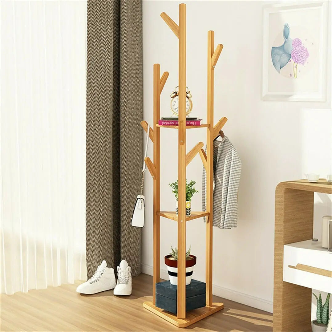 Bamboo Coat Rack Tree Cloth Hanger 9 Hooks