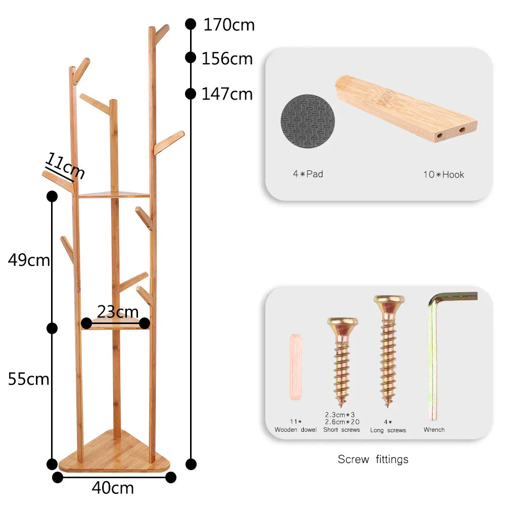 Bamboo Coat Rack Tree Cloth Hanger 9 Hooks