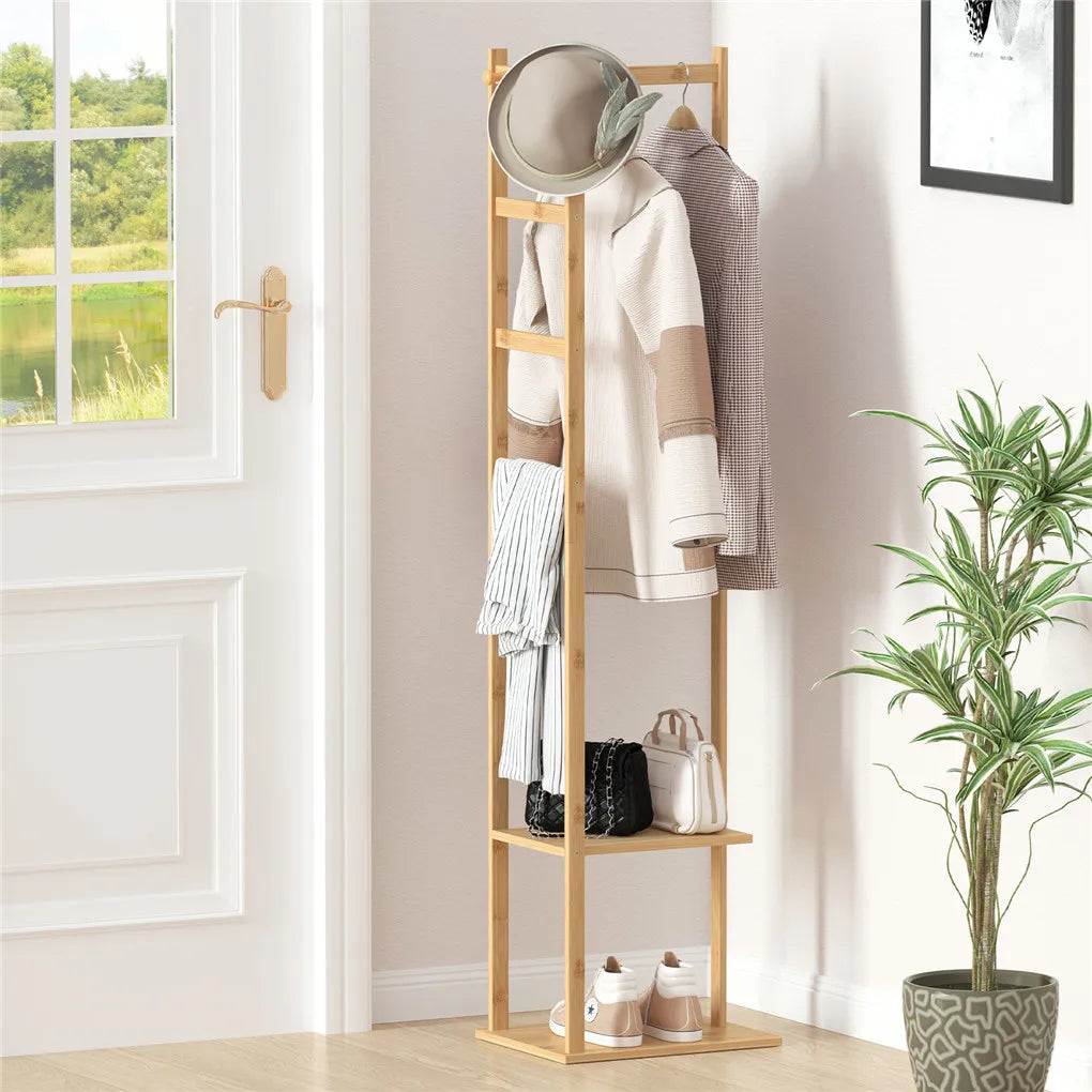 Bamboo Garment Rack, Clothing Rack with 2 Tier
