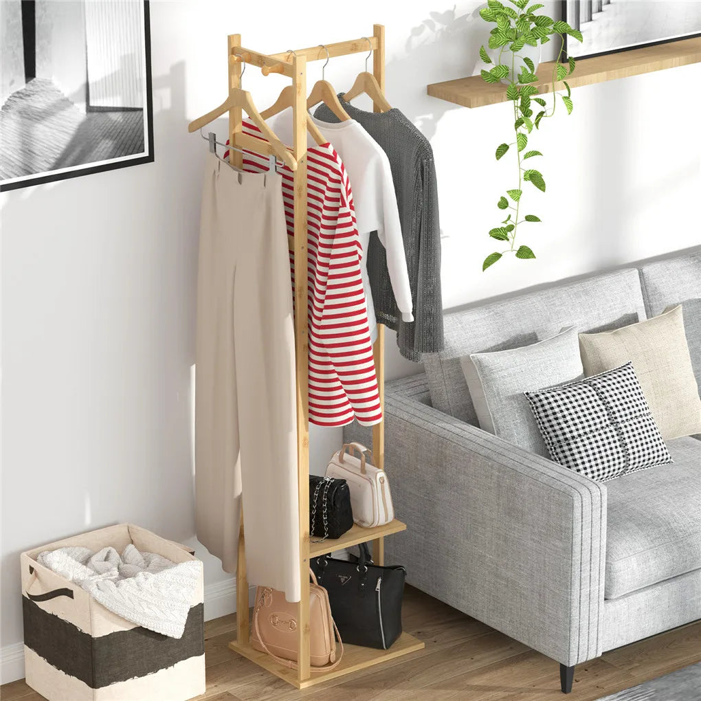 Bamboo Garment Rack, Clothing Rack with 2 Tier