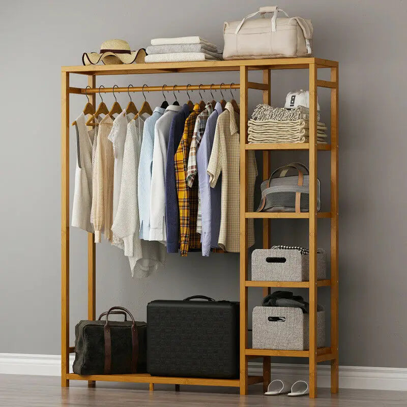 Bamboo Wood Clothing Garment Rack with Shelves Clothes