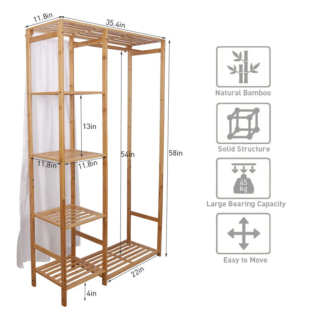 Bamboo Wood Clothing Garment Rack with Shelves Clothes