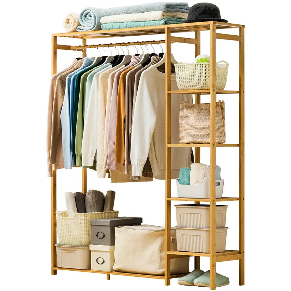 Bamboo Wood Clothing Garment Rack with Shelves Clothes