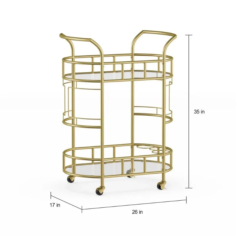 Bar Cart with Matte Gold Metal Finish, 2-Tiers