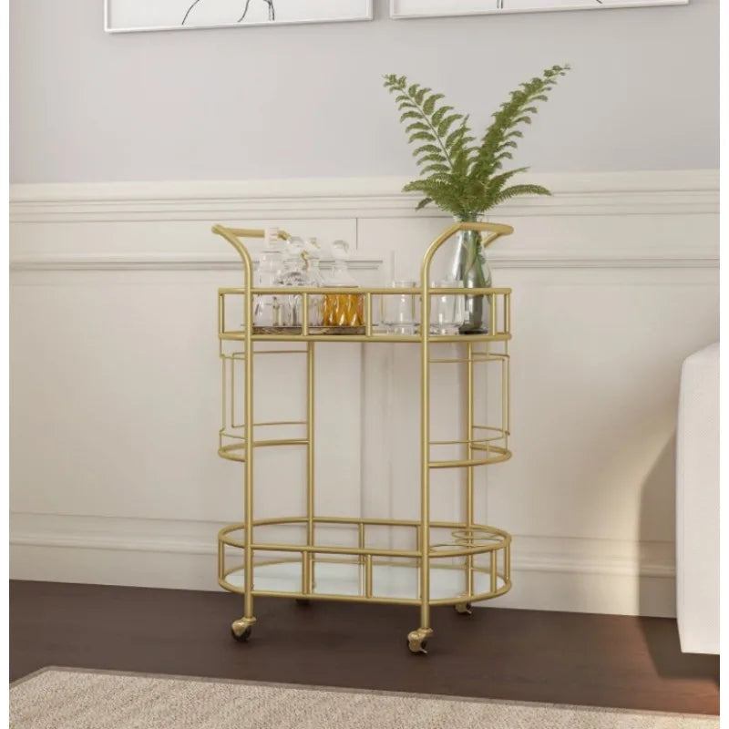 Bar Cart with Matte Gold Metal Finish, 2-Tiers