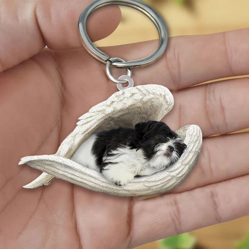 Sleeping Angel Acrylic Keychain Black and White Shih