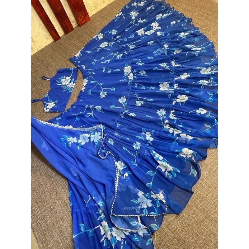 Blue Print Lehenga Choli Strap Blouse Flower Print