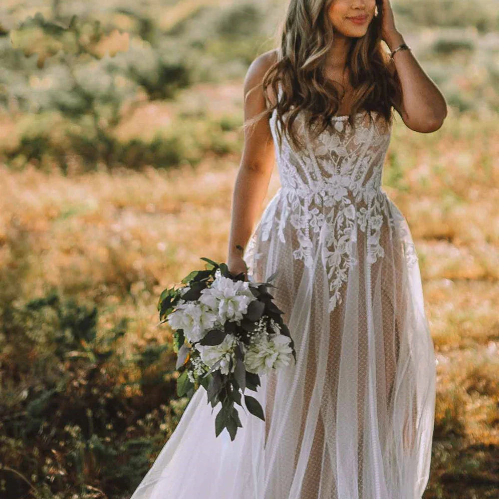 Boho Aline 2023 Wedding Dresses Spaghetti Straps Lace
