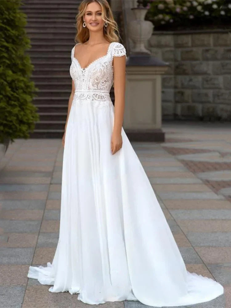 Boho Lace Chiffon VNeck Wedding Dresses 2022 Backless