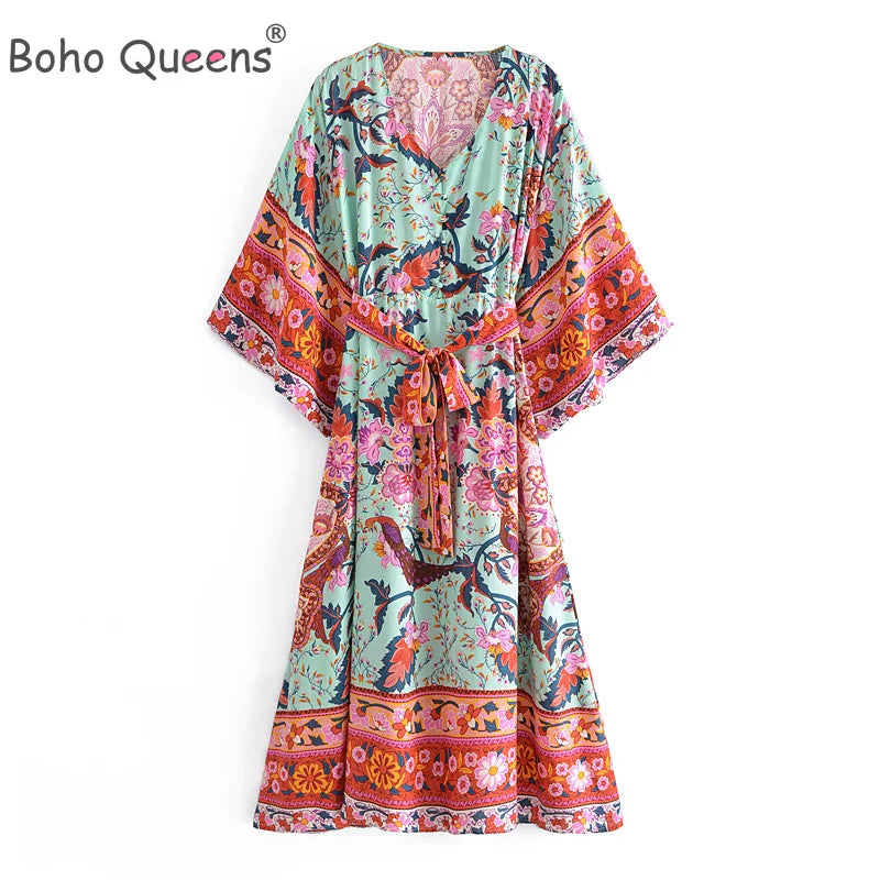 Boho Queens Women Green Peacock Floral Print Bat