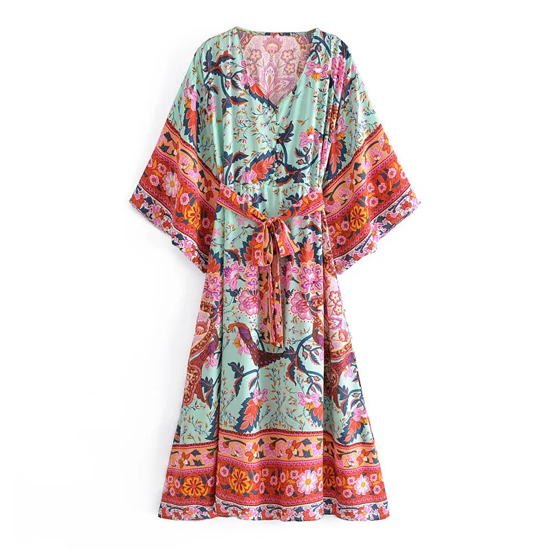 Boho Queens Women Green Peacock Floral Print Bat