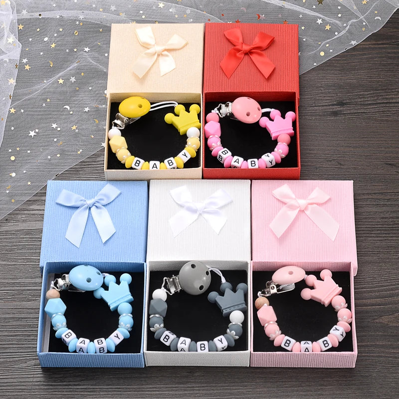 Boxed Personalized Name Baby Nipple Clips Silicone Beaded