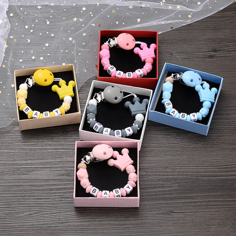 Boxed Personalized Name Baby Nipple Clips Silicone Beaded