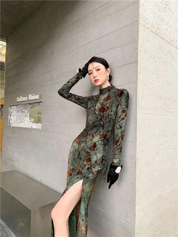 CHEERART Vintage Green Floral Bodycon Cheongsam Dress Long
